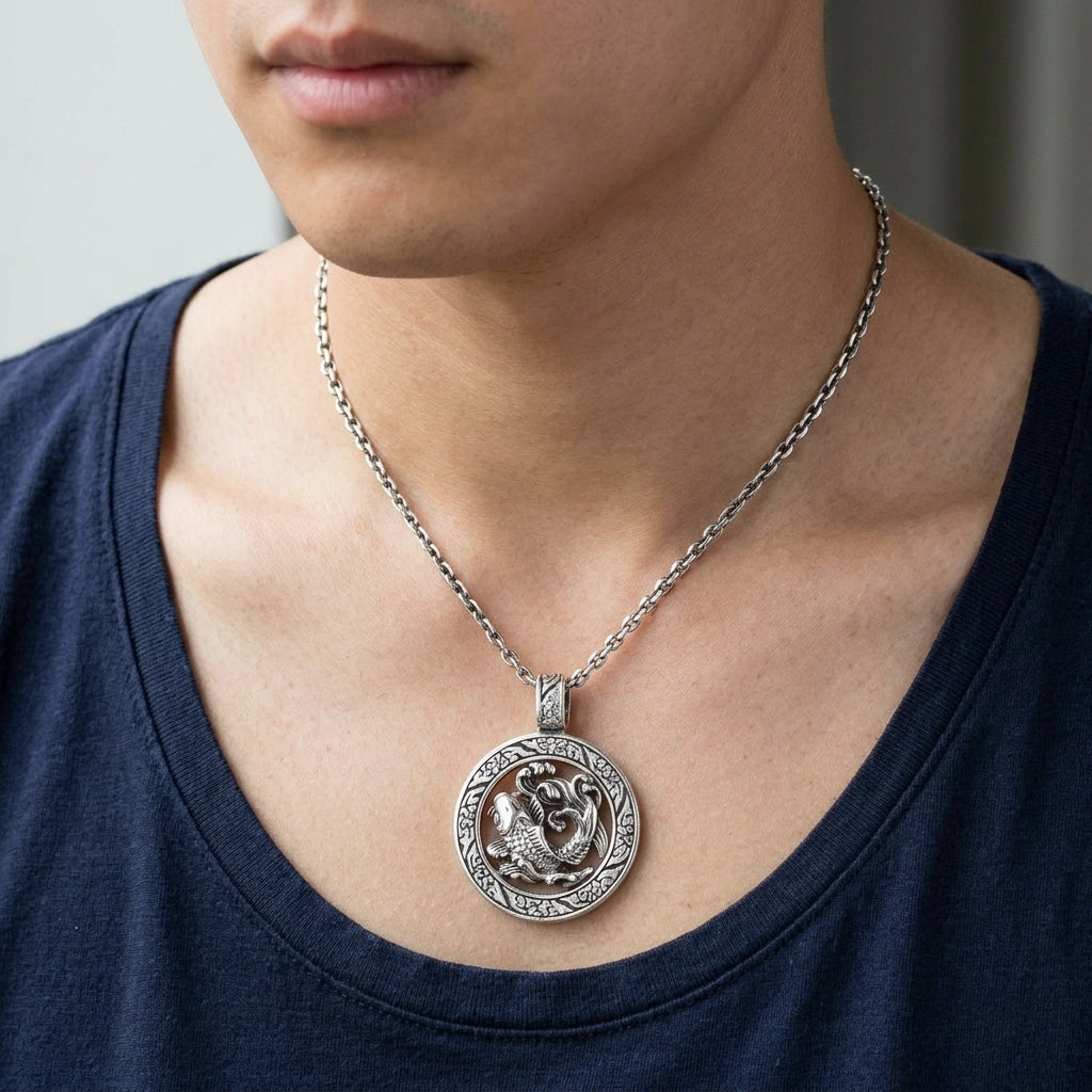 Openwork Koi Fish Sterling Silver Pendant styled on a silver chain with a dark shirt