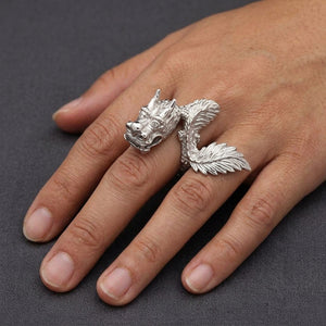 Large Dragon Sterling Silver Sculpture Ring, worn on an adult hand
