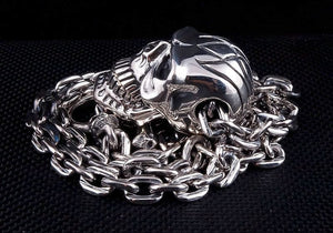 Large Skull Sterling Silver Chain Necklace, close skull with closed movable jaw and coiled links