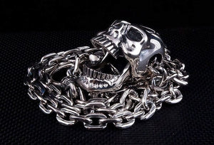 Large Skull Sterling Silver Chain Necklace, close skull with open movable jaw and coiled links