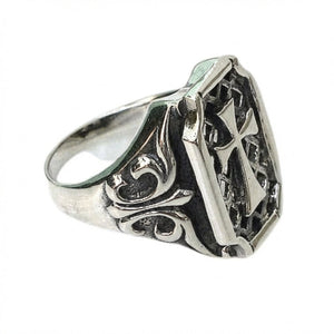 Lattice gothic cross silver ring, carved scroll side