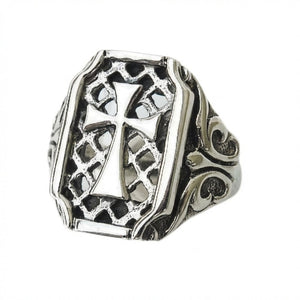 Lattice gothic cross silver ring, cross shield from left angle