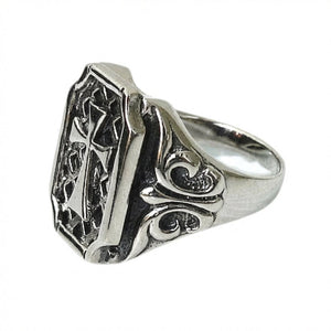 Lattice gothic cross silver ring, opposite carved scroll side