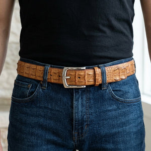 Light Brown Crocodile Hornback Leather Belt, worn around the waist