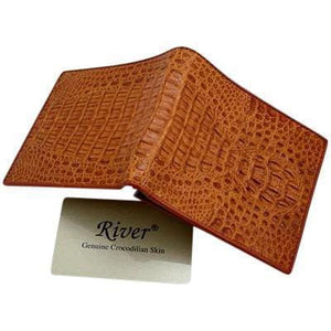 Portefeuille pliant en cuir de dos de crocodile marron clair — extérieur ouvert