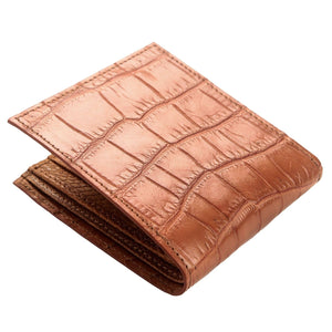 Light Brown Crocodile & Ostrich Bifold Wallet showing front panel above a partly open bifold.