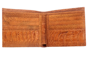 Light Brown Crocodile & Ostrich Bifold Wallet showing card rows and ostrich-leg texture inside the open wallet.
