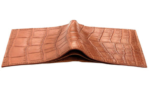 Light Brown Crocodile & Ostrich Bifold Wallet showing the complete crocodile exterior laid open.