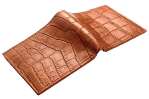 Light Brown Crocodile & Ostrich Bifold Wallet showing both crocodile panels spread at an oblique angle.