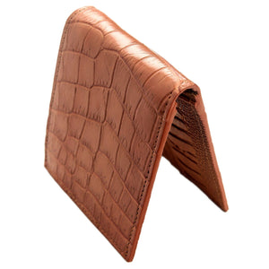 Light Brown Crocodile & Ostrich Bifold Wallet showing the upright fold and crocodile exterior.