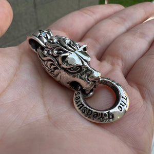 Lion Door-Knocker Sterling Silver Pendant shown in curled mane oblique view.