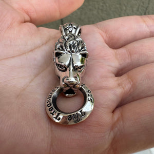 Lion Door-Knocker Sterling Silver Pendant shown in face and curled mane view.