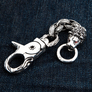 Red-Eye Lion Head Sterling Silver Keychain showing the clasp reverse beside the sculpted lion face.