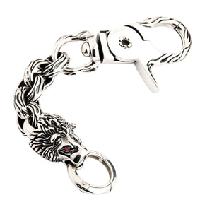 Red-Eye Lion Head Sterling Silver Keychain showing the clasp back and lion head on white.