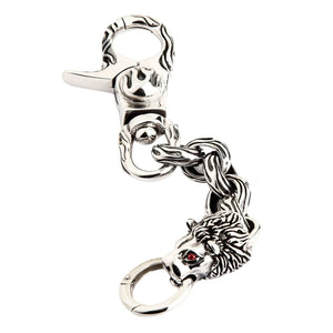 Red-Eye Lion Head Sterling Silver Keychain showing the full lion keychain with flame links against white.