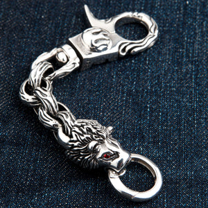 Red-Eye Lion Head Sterling Silver Keychain showing lion head and flame clasp in an opposite curved layout.
