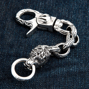 Red-Eye Lion Head Sterling Silver Keychain showing lion mane and red eye viewed from the side.