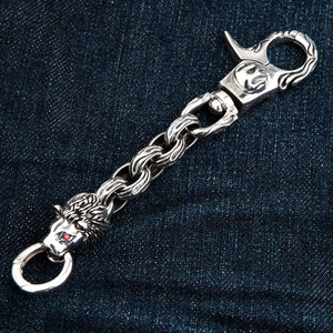 Red-Eye Lion Head Sterling Silver Keychain showing full lion keychain straightened from clasp to lower ring.