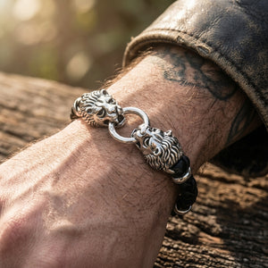 Lion Head Sterling Silver & Braided Leather Bracelet worn on an adult wrist