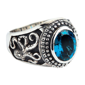 London Blue Topaz Octopus Sterling Silver Ring. Blue stone left octopus.