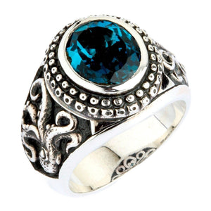 London Blue Topaz Octopus Sterling Silver Ring. Oval bezel oblique.