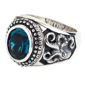 London Blue Topaz Octopus Sterling Silver Ring. Right octopus front.