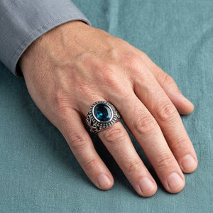 London Blue Topaz Octopus Sterling Silver Ring worn on an adult hand.