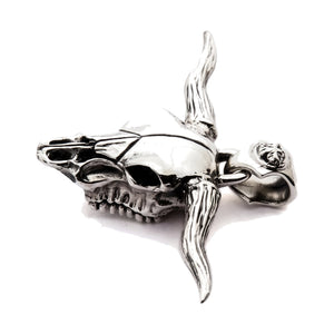 Dije de calavera de toro longhorn en plata de ley 925, lado izquierdo de la calavera y cuernos largos