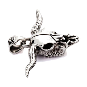 Dije de calavera de toro longhorn en plata de ley 925, lado derecho de la calavera y cuernos largos