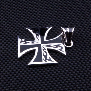 Tribal Flame Maltese Cross Sterling Silver Pendant, engraved cross reverse