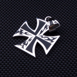 Tribal Flame Maltese Cross Sterling Silver Pendant, flame cross diagonal angle