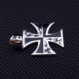 Tribal Flame Maltese Cross Sterling Silver Pendant, flame cross horizontal detail
