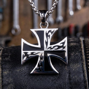Tribal Flame Maltese Cross Sterling Silver Pendant, flame cross pendant hanging from display post