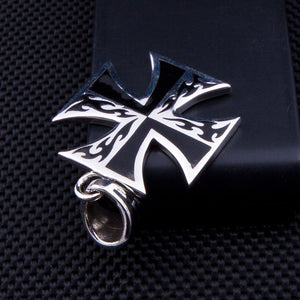 Tribal Flame Maltese Cross Sterling Silver Pendant, flame pendant on dark display prop