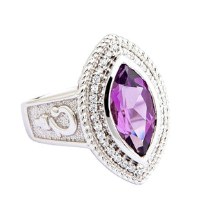 Marquise Amethyst Crozier Sterling Silver Bishop Ring. Amethyst white front.