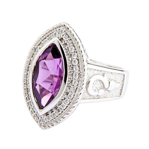 Marquise Amethyst Crozier Sterling Silver Bishop Ring. Halo white opposite.