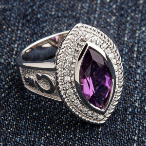 Marquise Amethyst Crozier Sterling Silver Bishop Ring. Purple marquise left front.