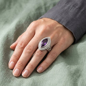 Marquise Amethyst Crozier Sterling Silver Bishop Ring worn on an adult hand.