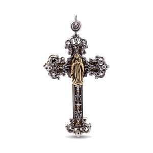 Colgante de cruz Mary Angel bicolor en plata de ley, frente completo de la cruz