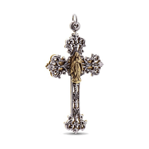 Colgante de cruz Mary Angel bicolor en plata de ley, perfil de la cruz en capas