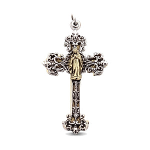 Colgante de cruz Mary Angel bicolor en plata de ley, frente de la cruz de María