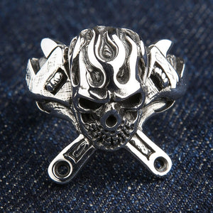 Mechanic flame skull silver ring, flame skull and crossed wrenches from front