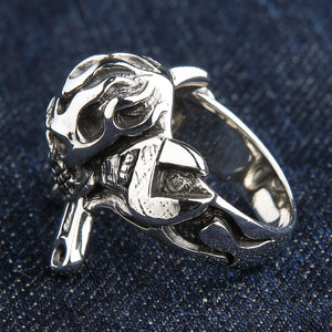 Mechanic flame skull silver ring, left wrench shoulder profile
