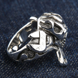 Mechanic flame skull silver ring, right wrench shoulder profile