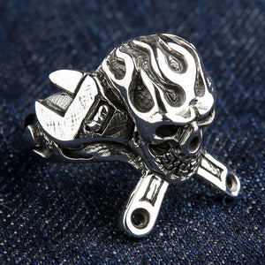 Mechanic flame skull silver ring, skull and right wrench angle
