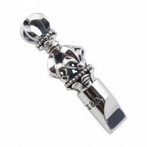 Pendentif sifflet croix à couronne médiévale en argent sterling, profil oblique du tube du sifflet