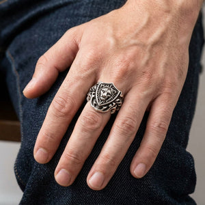 Knight Shield Lion Sterling Silver Ring, worn on the hand