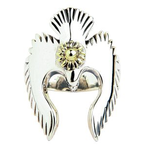 A direct front view of the men's tribal bird ring, showing how the two wings form a heart shape.