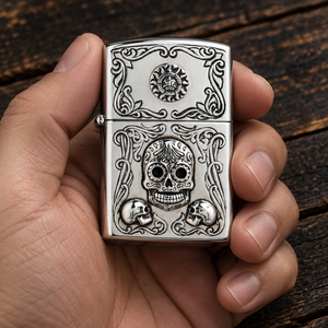 Mexican sugar skull sterling silver Zippo case held over dark wood