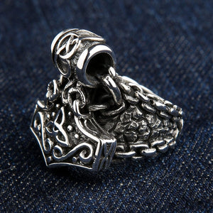 Mjolnir Charm and Scale Sterling Silver Ring shown in charm and scale side view.